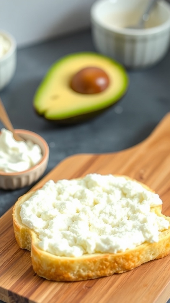 Fluffy cloud bread on a cutting board with avocado and cream cheese.